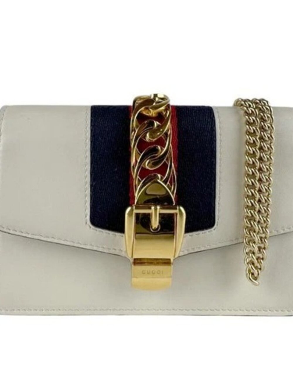 Auth GUCCI Sylvie Mini Chain Crossbody Shoulder Bag Off White/Gold Leather z9406